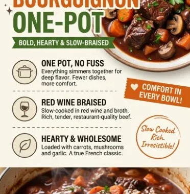 A delicious bowl of rustic French one-pot Beef Bourguignon with vegetables and rich sauce.