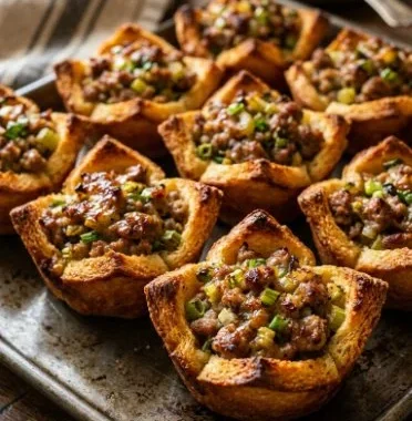 Savory Gravy Stuffed Stuffing Muffins 2 Savory gravy stuffed stuffing muffins served on a festive table.
