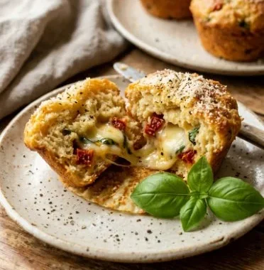 Savory tomato basil cheese muffins fresh out of the oven