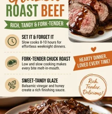 Slow Cooker Balsamic Glazed Roast Beef served with vegetables on a plate