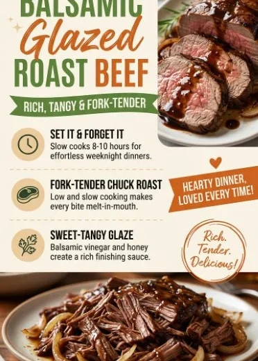 Slow Cooker Balsamic Glazed Roast Beef served with vegetables on a plate