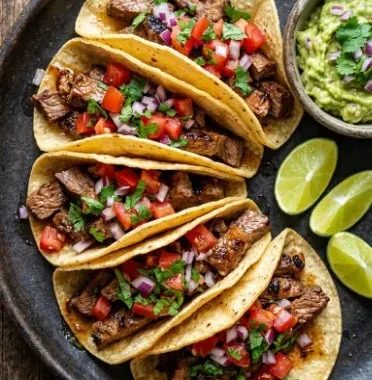 Steak Street Tacos Recipe 2 Delicious steak street tacos with fresh toppings and herbs