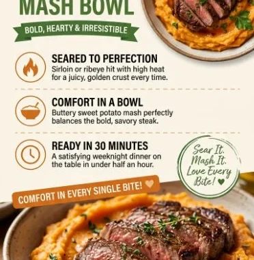 Delicious Steak Bowl with sweet mashed potatoes and fresh ingredients