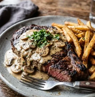 Steak drizzled with creamy garlic sauce on a plate