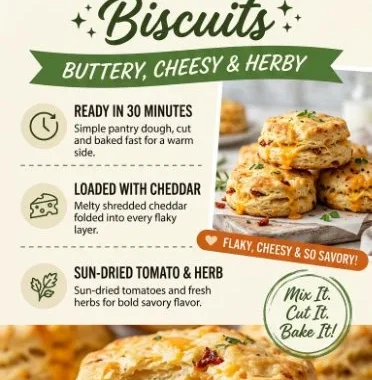 Sun-dried tomato, cheddar, and herb biscuits on a rustic wooden board