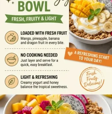Tropical granola served with yogurt and fresh fruits in a bowl