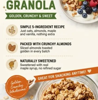 Bowl of homemade vanilla almond granola with oats and almonds