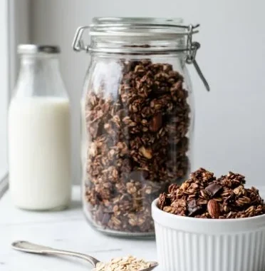 Vegan Gluten-Free Chocolate Granola 2 Bowl of Vegan Gluten-Free Chocolate Granola with chocolate pieces and nuts