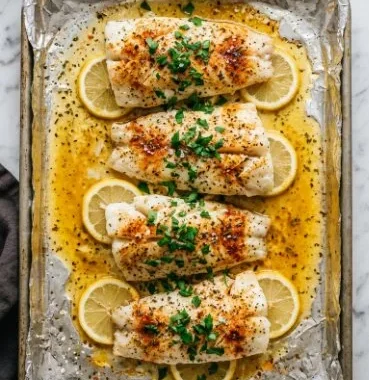 Delicious baked mahi mahi fillet served with lemon and herbs