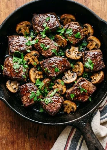 Beefy steak tips served with sautéed mushrooms on a plate
