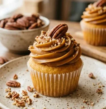 Delicious butter pecan cupcakes topped with creamy frosting and pecans.
