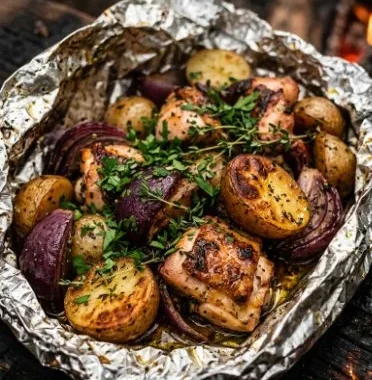 Chicken and Potatoes Foil Packets ready for cooking