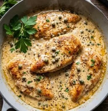 Plate of Chicken Scallopini with creamy sauce and garnishes