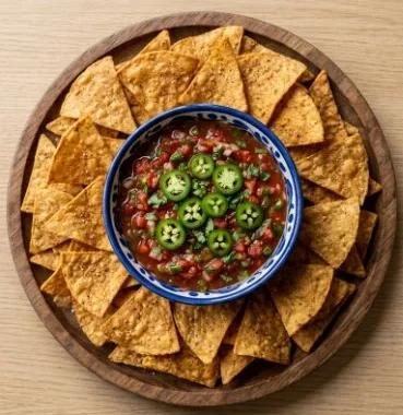 A bowl of Chili's Copycat Salsa with fresh ingredients and tortilla chips