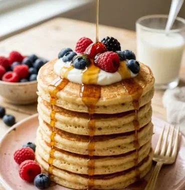 Delicious cottage cheese protein pancakes stacked on a plate with syrup