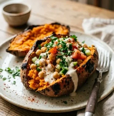 Creamy Stuffed Sweet Potatoes 2 Creamy stuffed sweet potatoes with savory filling on a plate