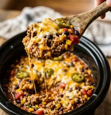 Crockpot Mexican Beef and Rice Casserole with colorful toppings and cheese
