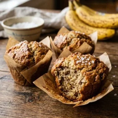 Fluffy banana protein muffins baked for a healthy snack or breakfast