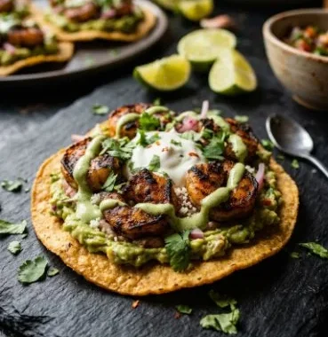 Grilled shrimp tostadas with guacamole on a colorful platter