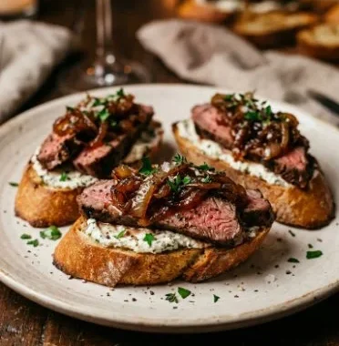 Delicious steak crostini topped with horseradish and onions on toasted bread.