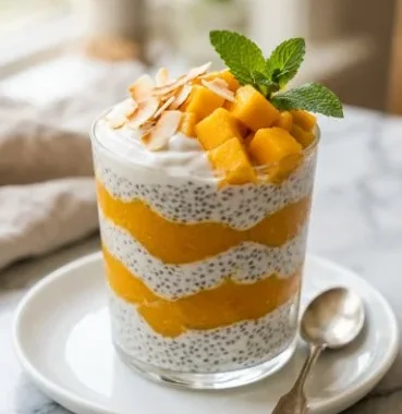 Mango coconut chia pudding parfait topped with fresh fruits in a glass