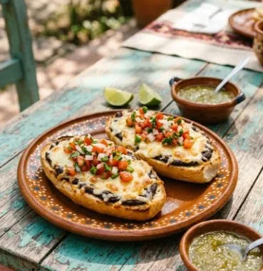 Delicious Mexican Molletes topped with cheese and avocado on a plate