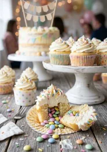 Colorful pinata cupcakes filled with candy inside for a fun dessert experience.