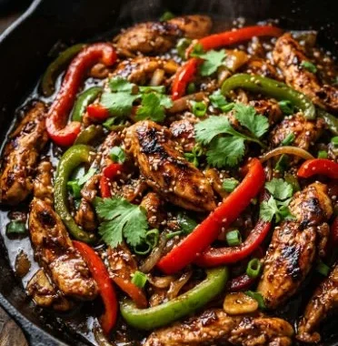 Quick and Irresistible Pepper Chicken Stir-Fry 1 Colorful pepper chicken stir-fry with fresh vegetables in a hot wok
