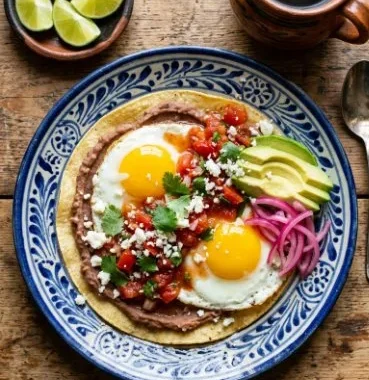 Delicious Ranch-Style Eggs recipe served on a plate with fresh herbs.