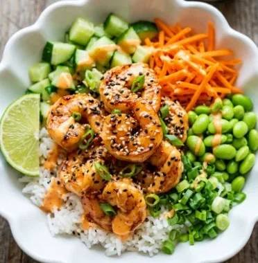 Shrimp Rice Bowl 1 Delicious shrimp rice bowl with fresh vegetables and savory rice
