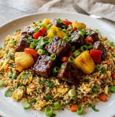 Succulent teriyaki steak served with colorful pineapple fried rice.