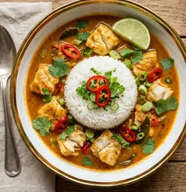 Bowl of flavorful Thai Fish Curry made with fresh fish and aromatic spices