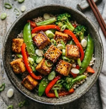 Vegetable Stir-Fry with Tofu 1 Colorful vegetable stir-fry with tofu, showcasing a mix of healthy vegetables.