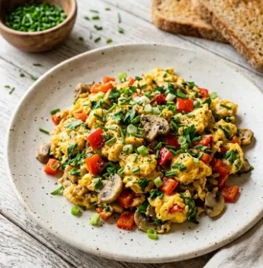 Colorful veggie scramble with mixed vegetables and herbs on a plate