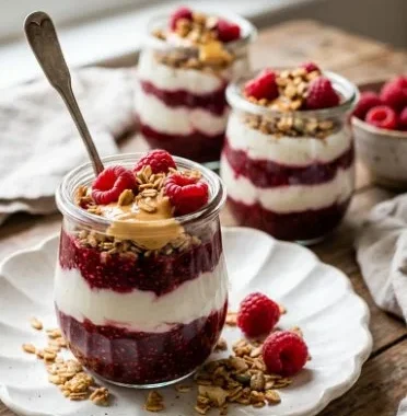 Delicious yogurt parfait layered with fresh fruits and crunchy granola