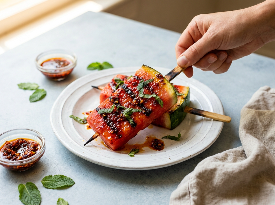 Chili Crisp Grilled Watermelon Steaks serve