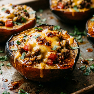 Chili crisp stuffed acorn squash halves topped with melted cheddar cheese, chili crisp drizzle, and fresh cilantro on a baking sheet