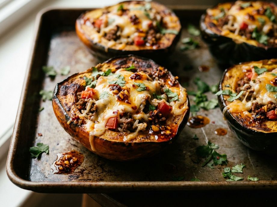 Chili crisp stuffed acorn squash serve