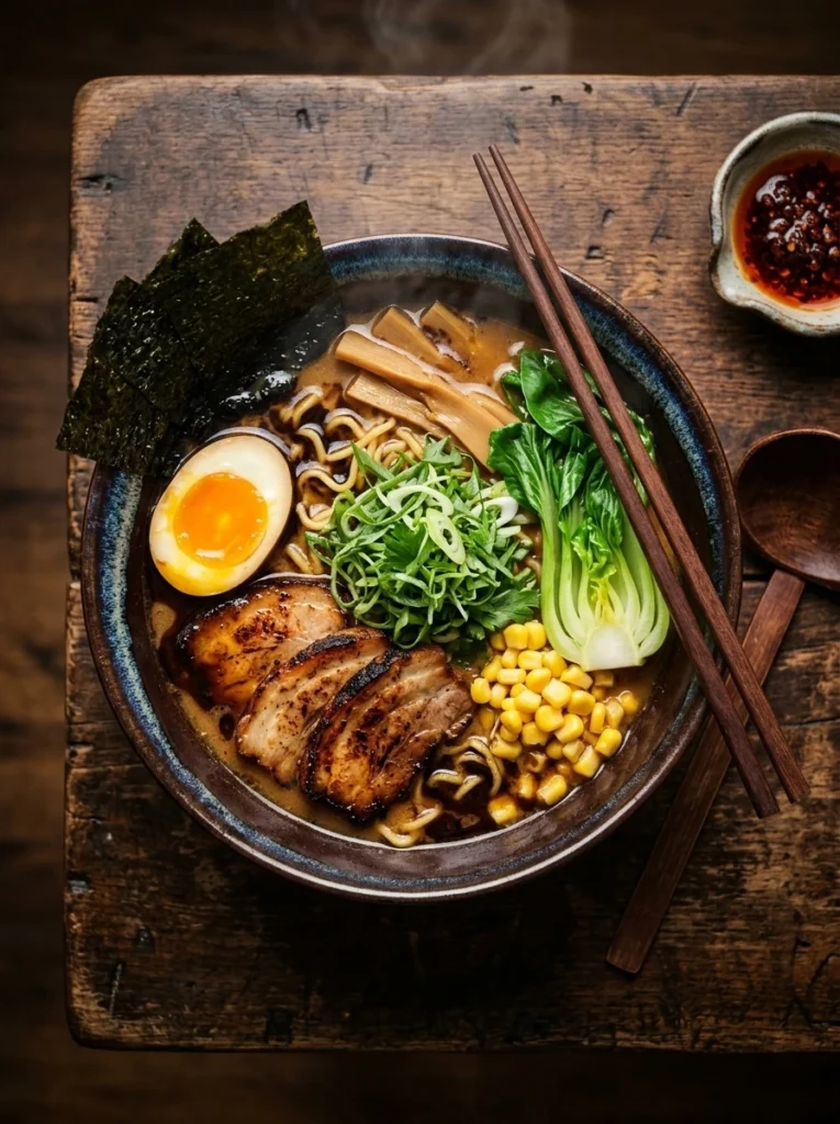 Chopsticks lifting noodles from a bowl of black garlic miso ramen with egg and pork