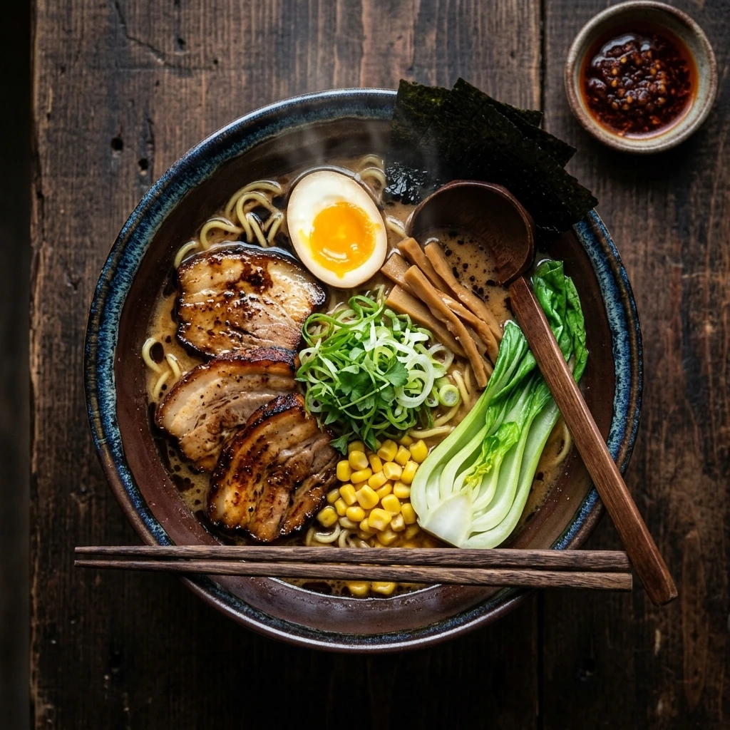 Overhead bowl of black garlic miso ramen with neatly arranged toppings