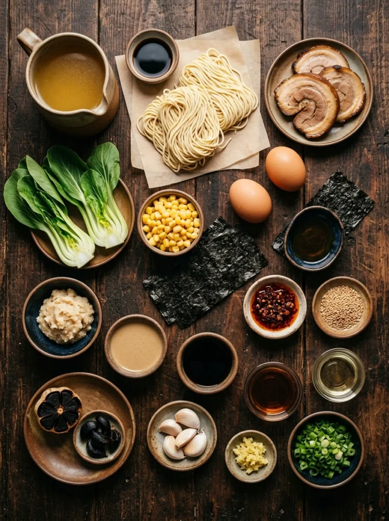 Ingredients for black garlic miso ramen including black garlic, miso, stock, noodles and eggs