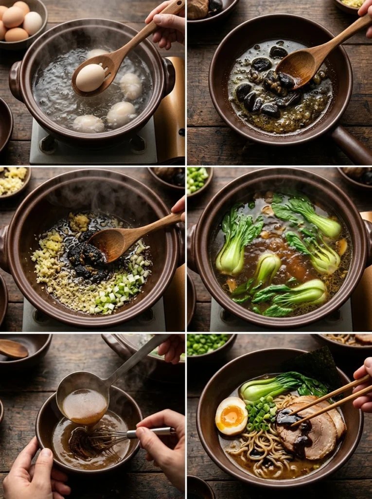 Step-by-step photos showing how to make black garlic miso ramen from eggs to final bowl