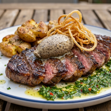 Black garlic butter steak sliced and topped with melting compound butter and crispy fried onions