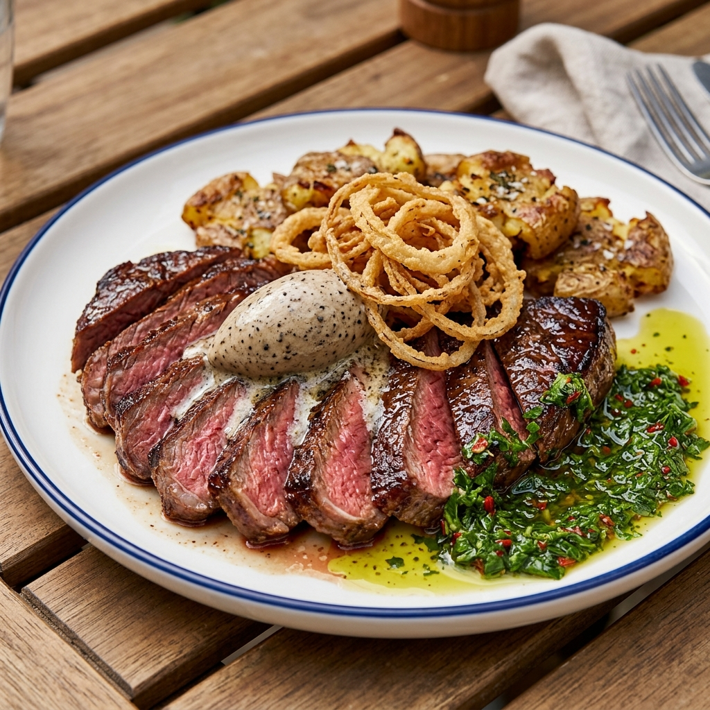 Black garlic butter steak recipe with sliced steak, compound butter, potatoes and chimichurri