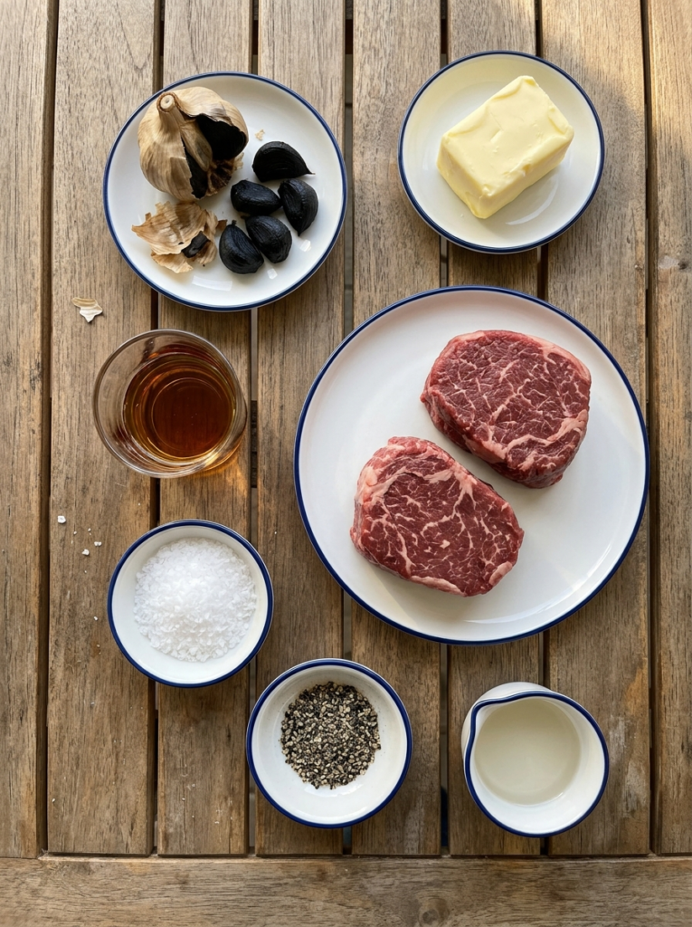 Ingredients for black garlic butter steak: black garlic, butter, brandy, kosher salt and filet mignon