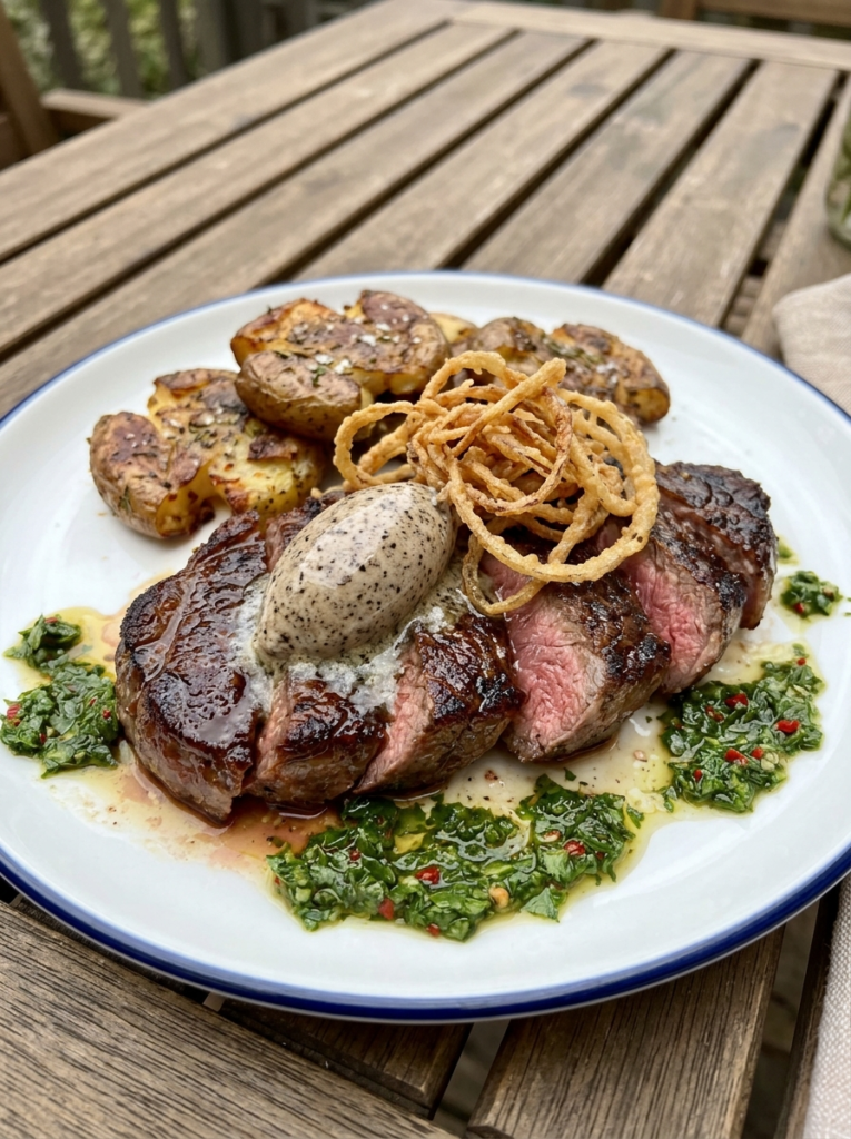 Fork lifting a juicy slice of black garlic butter steak with smashed potatoes and chimichurri