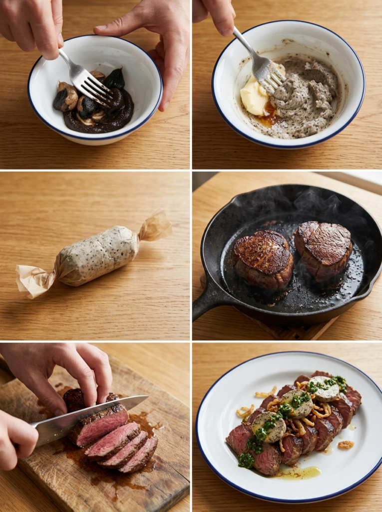 Step-by-step photos showing how to make black garlic butter steak from mashing garlic to topping sliced steak