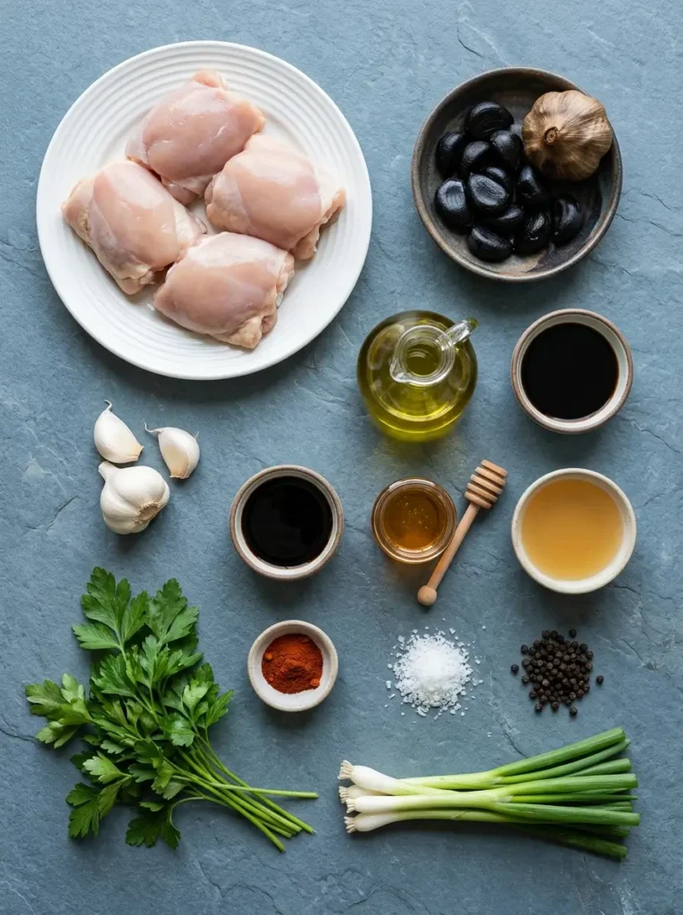 Black garlic chicken ingredients: chicken thighs, black garlic, fresh garlic, honey, balsamic vinegar, soy sauce, broth, olive oil, paprika, parsley and scallions