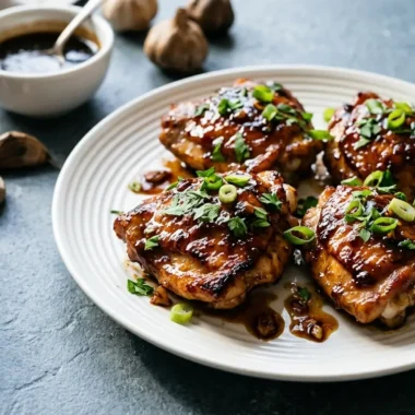 Black garlic chicken thighs with a glossy honey balsamic glaze, parsley and scallions on a white plate
