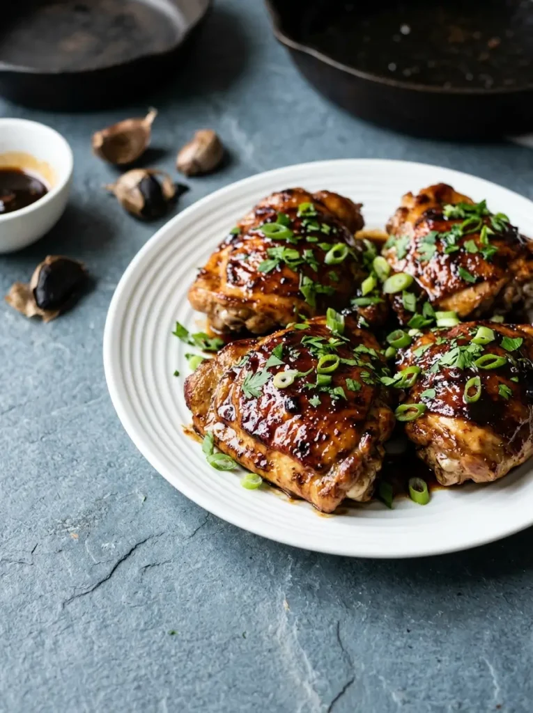 Sliced black garlic chicken thigh with honey balsamic glaze over jasmine rice with roasted broccoli